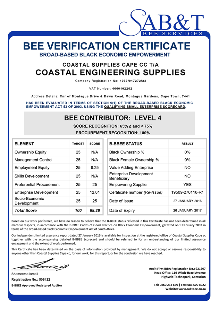 B BBEE Certificate Coastal Engineering Supplies 19509 270116 R1 s About Us